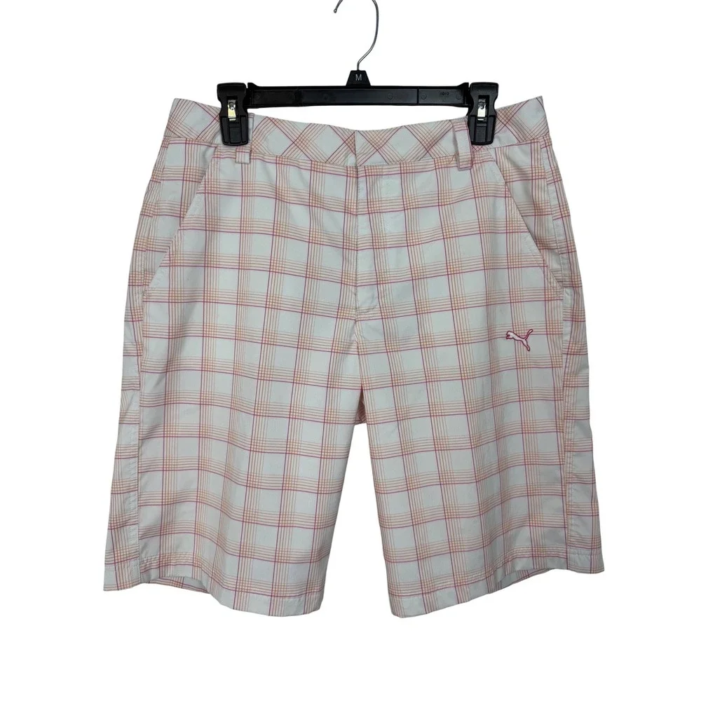 Puma Men's Golf Shorts‎ White Orange Pink Plaid Sport Lifestyle Lightweight 32